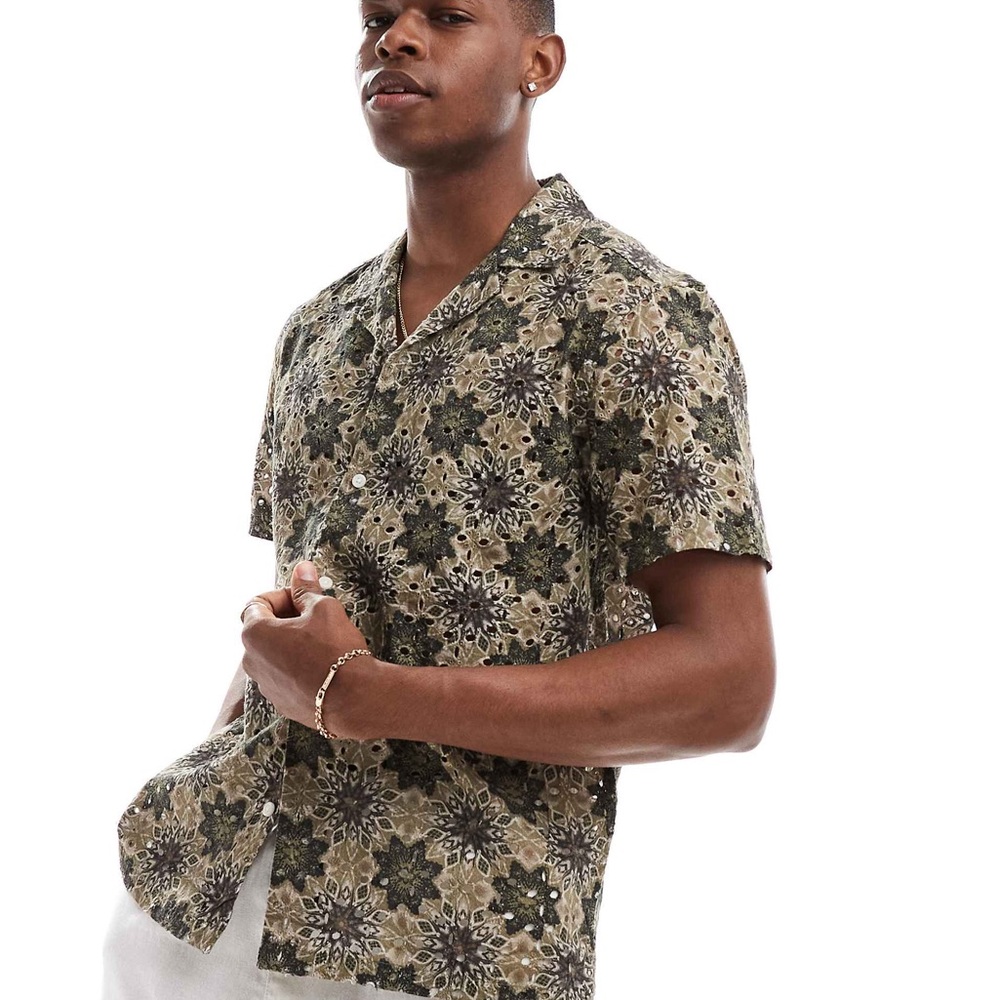 Norsecode Eyelet Detail Short Sleeve Shirt | M | Boho Floral Print EarthTones